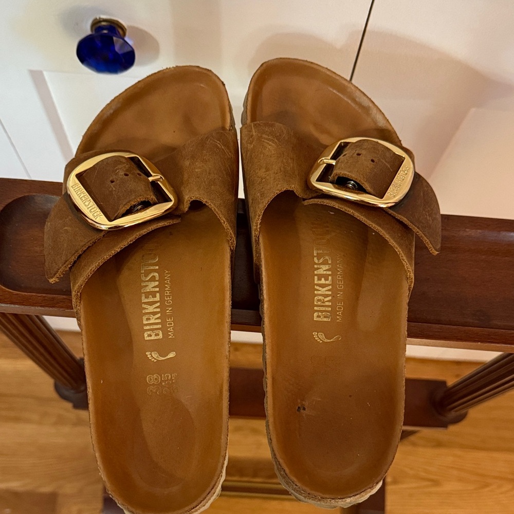 Birkenstock Madrid Tan Sandals with Gold Buckle